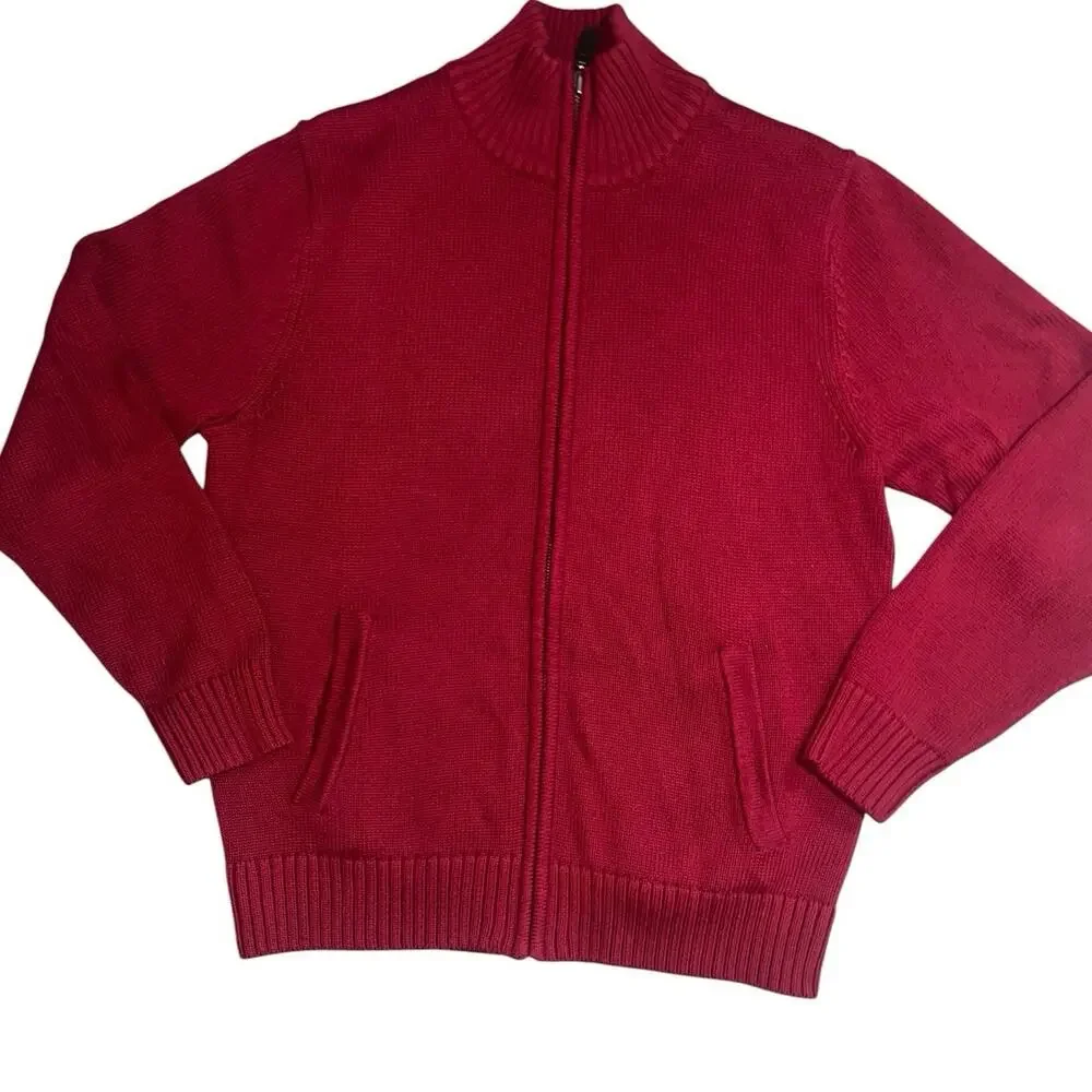 L.L bean vintage 90s red full zip cotton cardigan sweater men's size small